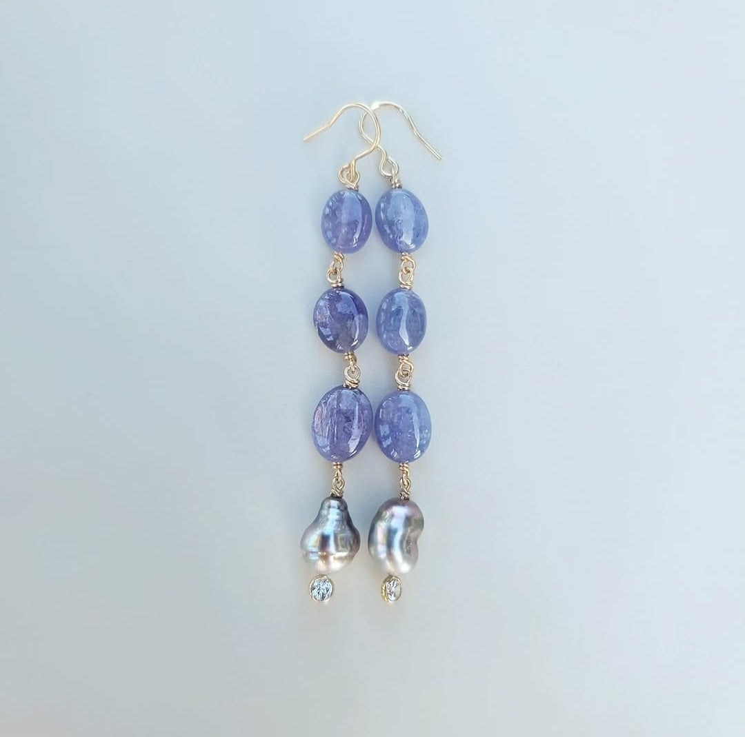Tanzanite and Tahitian Keshi Pearl Earrings