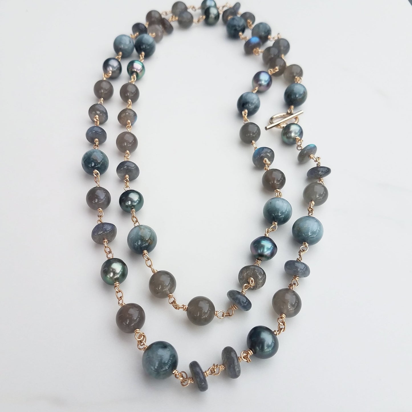 Tahitian Pearl, Dark Moonstone, & Labradorite Necklace