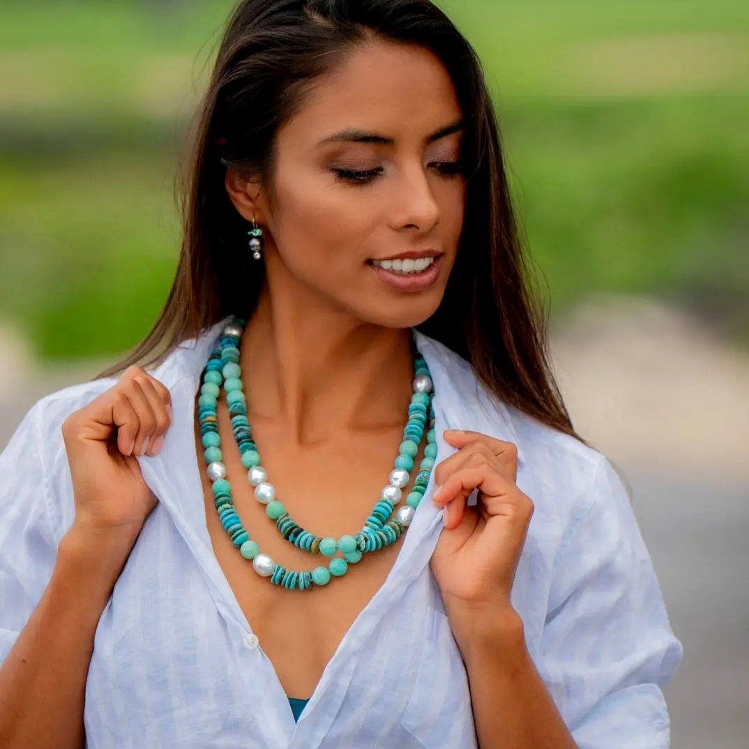 Australian Pearl, Mix Turquoise, & Amazonite Helix Necklace