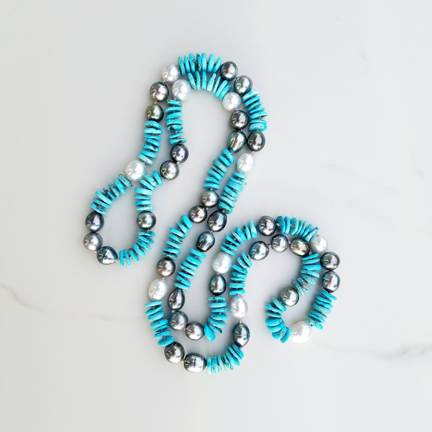 Tahitian Black Pearl & South Sea White Pearl Turquoise Necklace