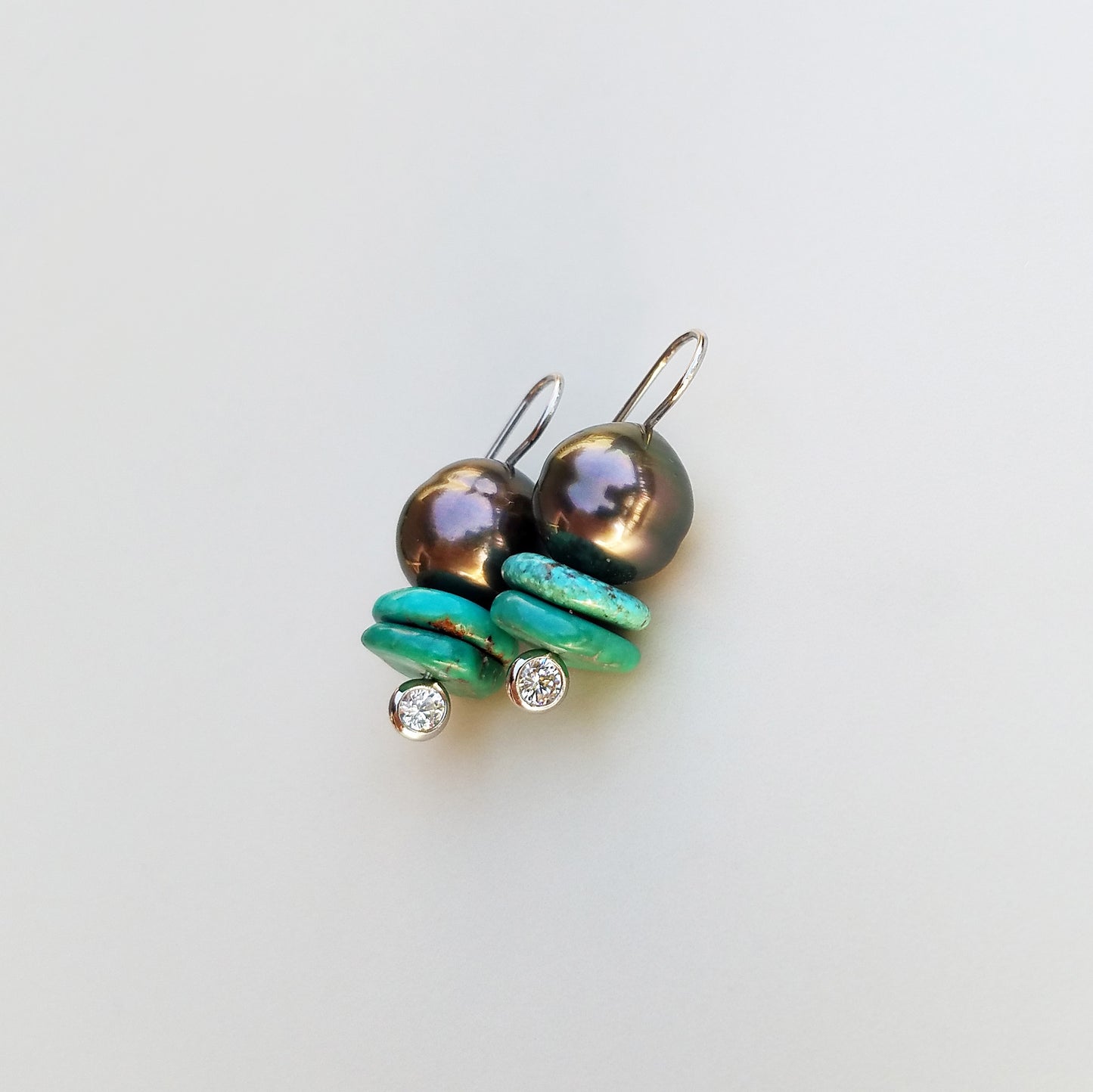 Dark Tahitian Pearls and Turquoise Slice Earrings