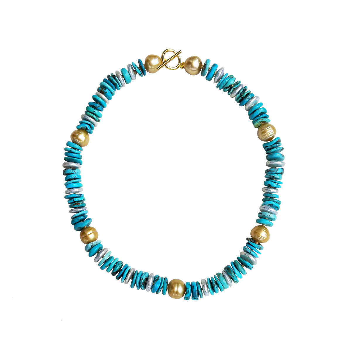 Gold South Sea and Fresh Water Pearl with Turquoise Helix Necklace