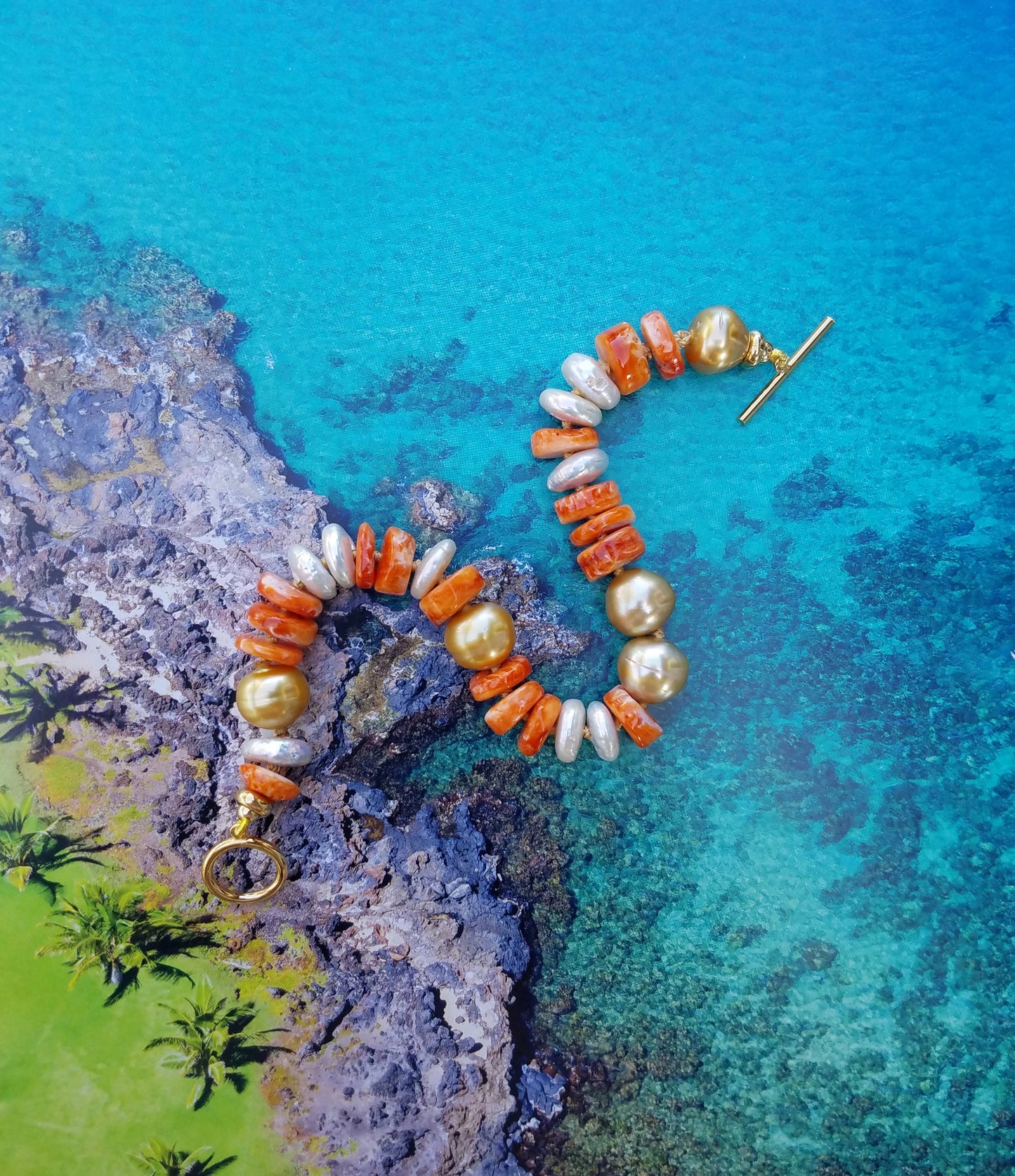 Gold Pearl and Orange Shell Bracelet