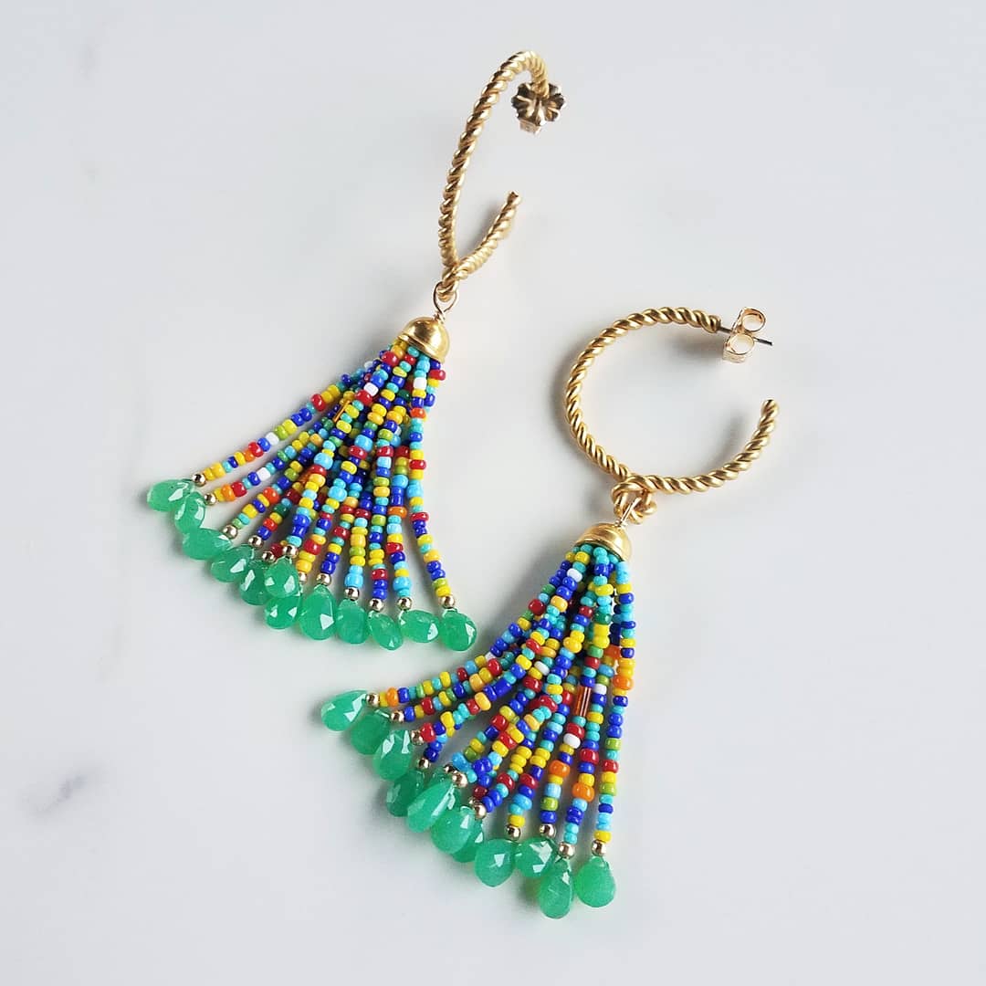 Gold Vintage Hoop with Chrysoprase Tassels