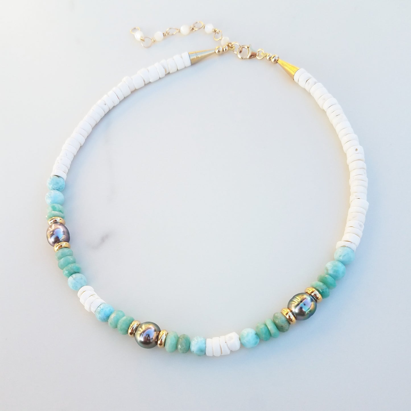 Tahitian Pearl, Larimar, & Puka Shell Necklace