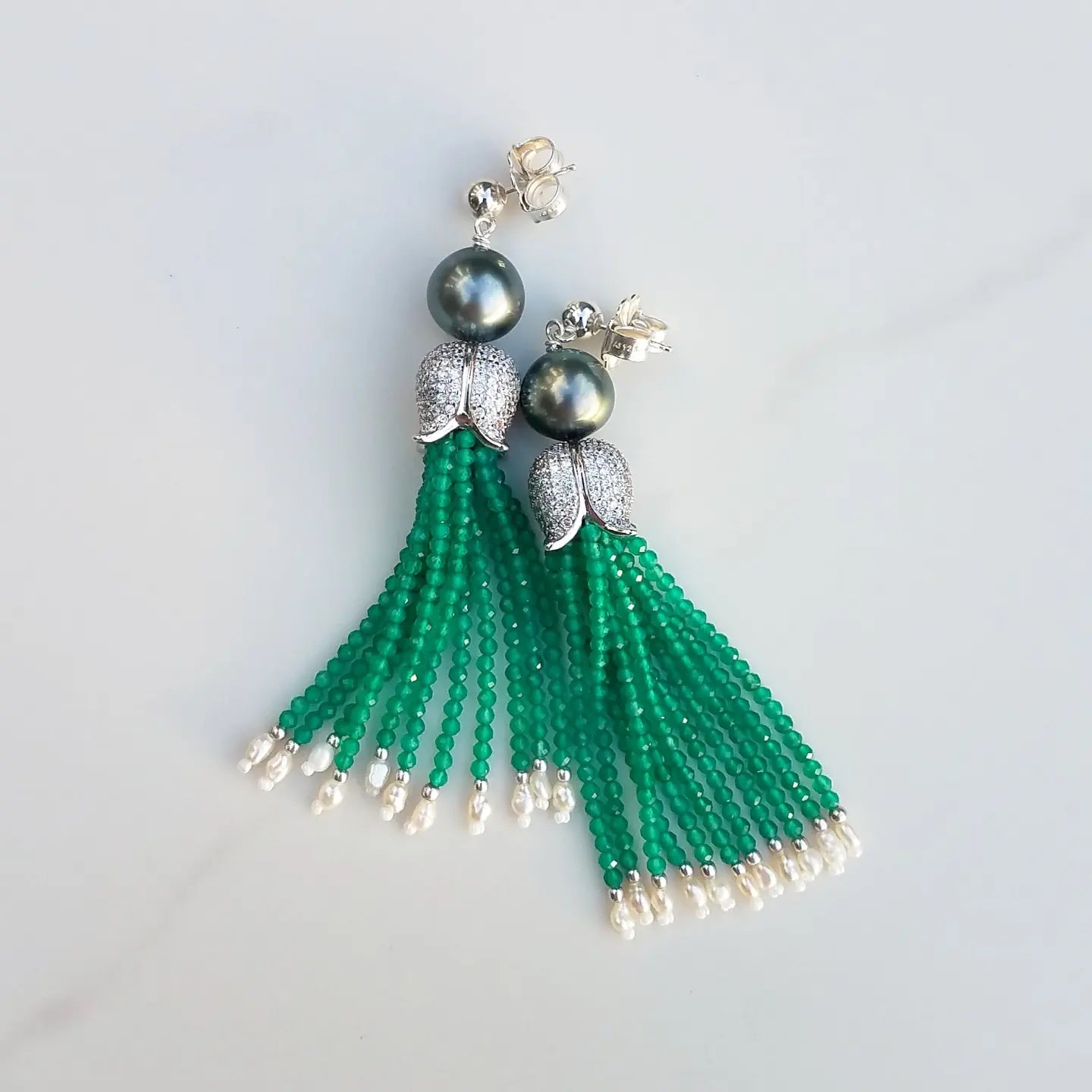 Tahitian Pearl & Green Onyx Tassel Earrings