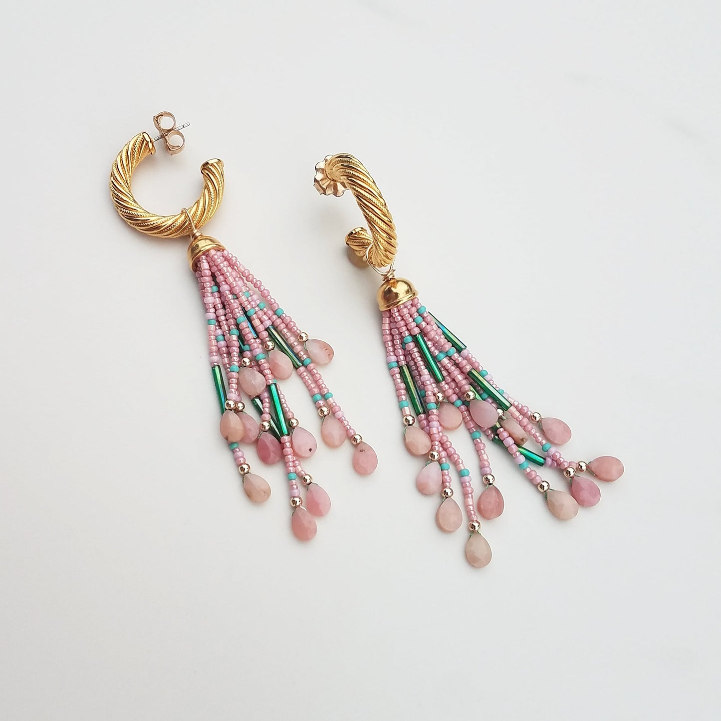 Vintage Hoop Pink Opal Tassel Earrings