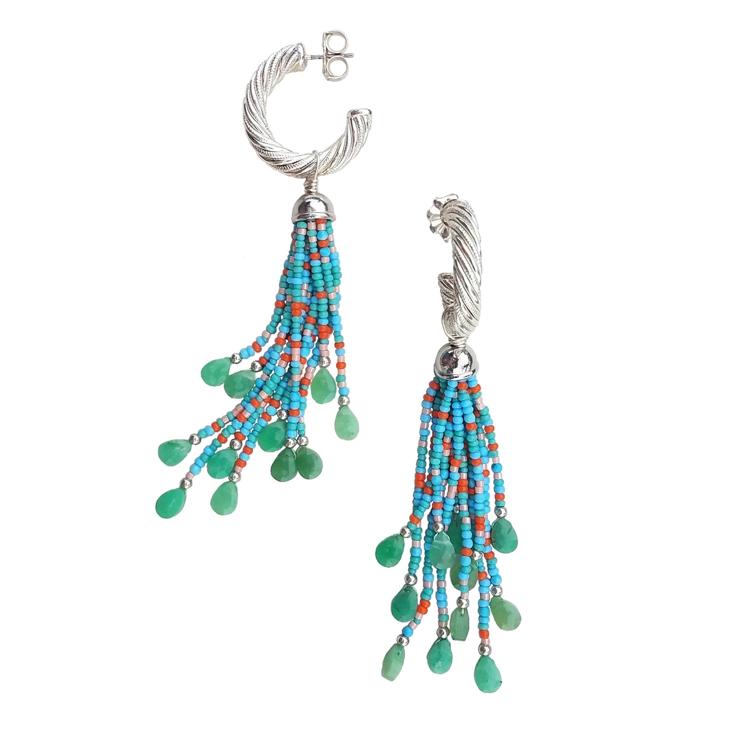 Silver Vintage Hoops with Turquoise & Chrysoprase Tassels
