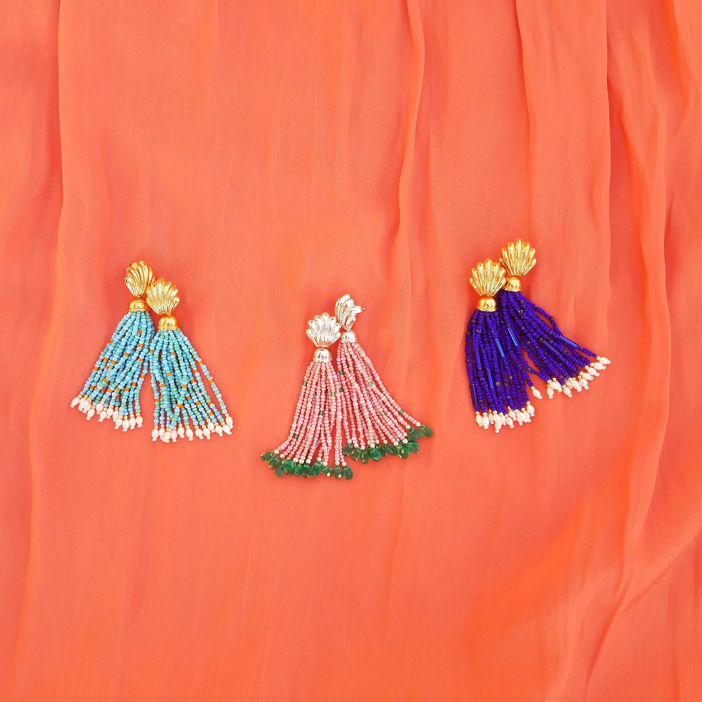 Vintage Shell & Green Onyx Tassel Earrings