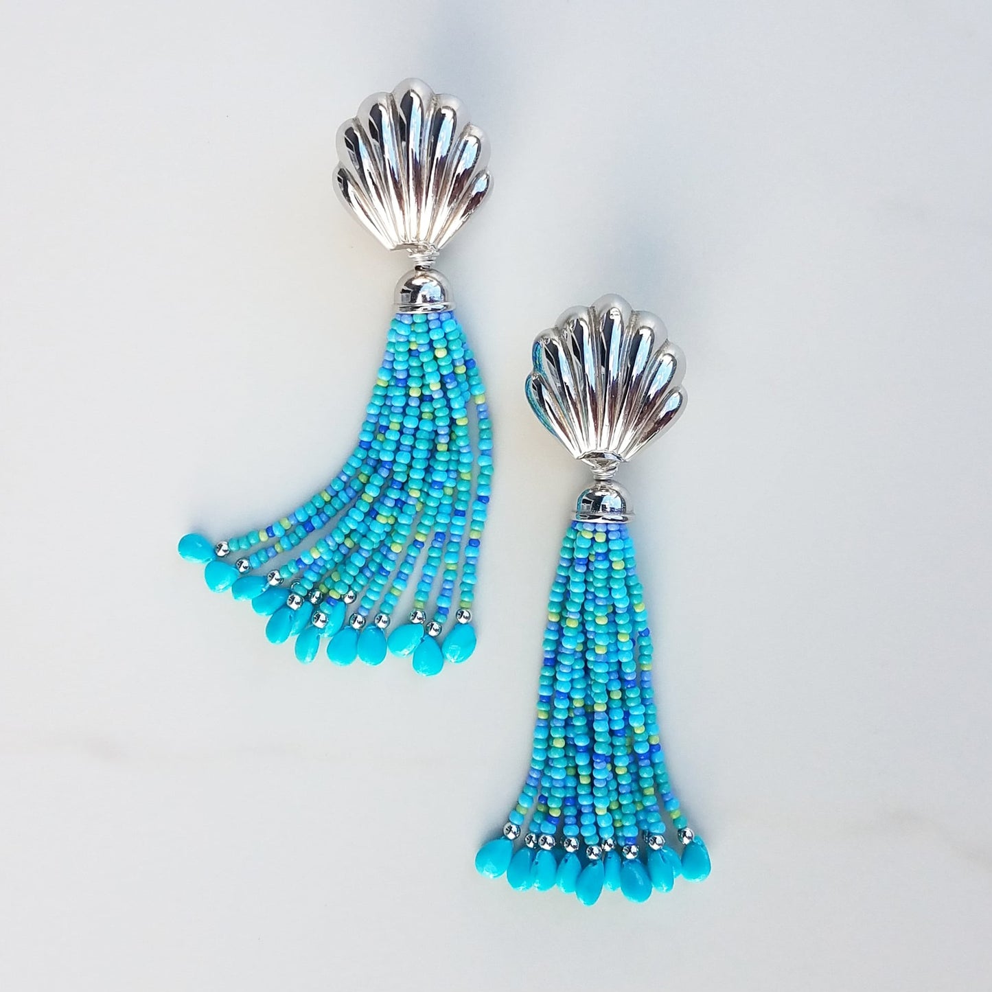 Silver Vintage Large Shell & Turquoise Tassel Earrings