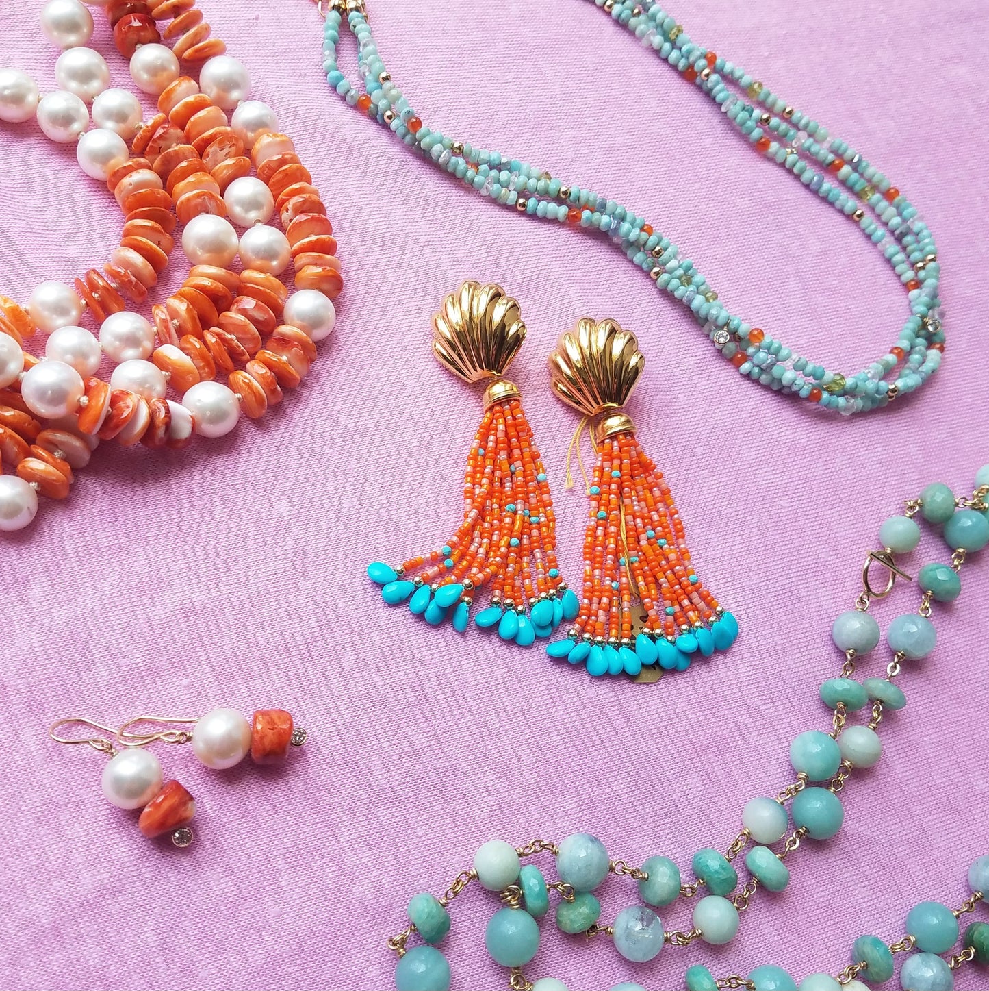 Gold Vintage Large Shell & Orange Tassel Earrings