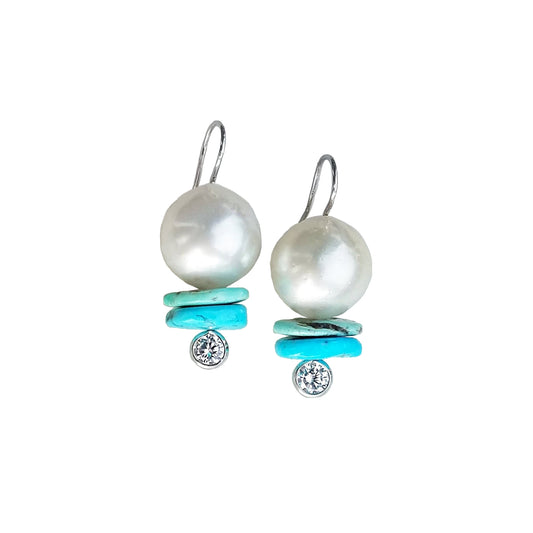South Sea Pearls with Turquoise disc Earrings