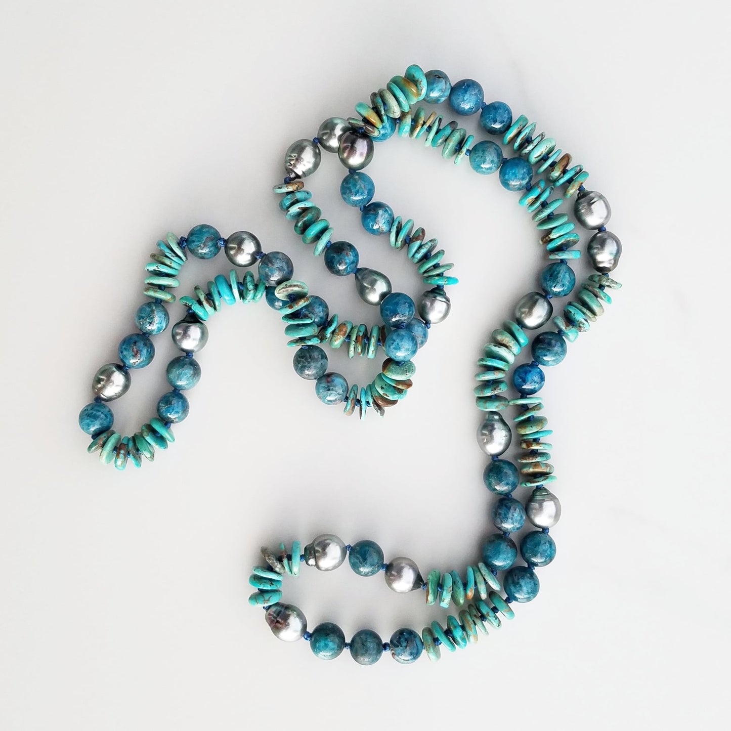 Apatite, Turquoise, & Tahitian Pearl Helix Necklace
