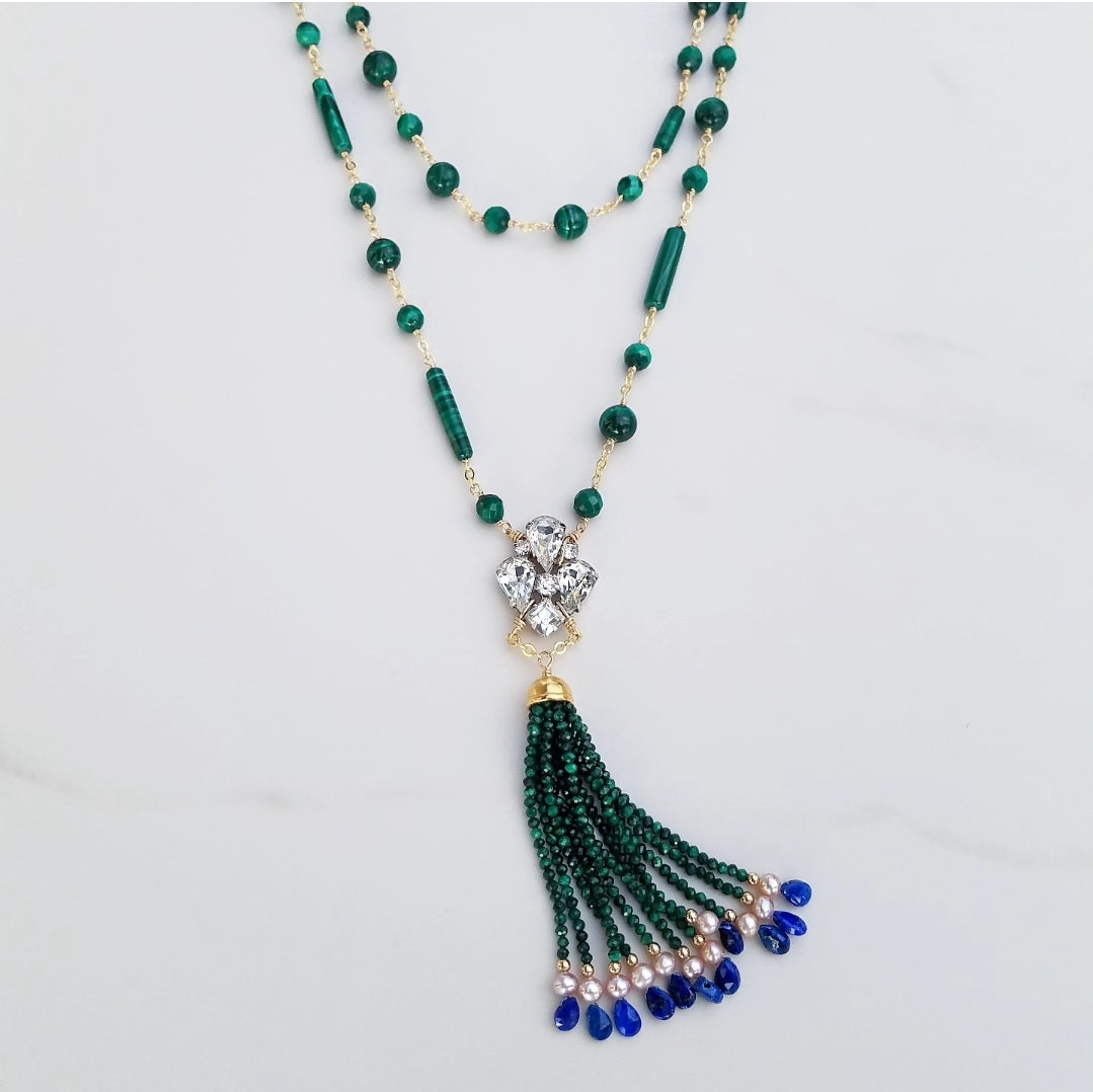 Vintage Rhinestone Malachite Tassel Necklace