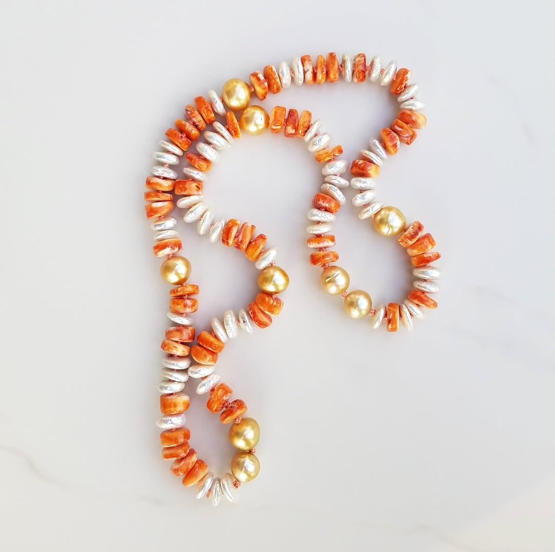 Gold South Sea Pearls, Orange Shell, & Fresh Water Pearls Necklace
