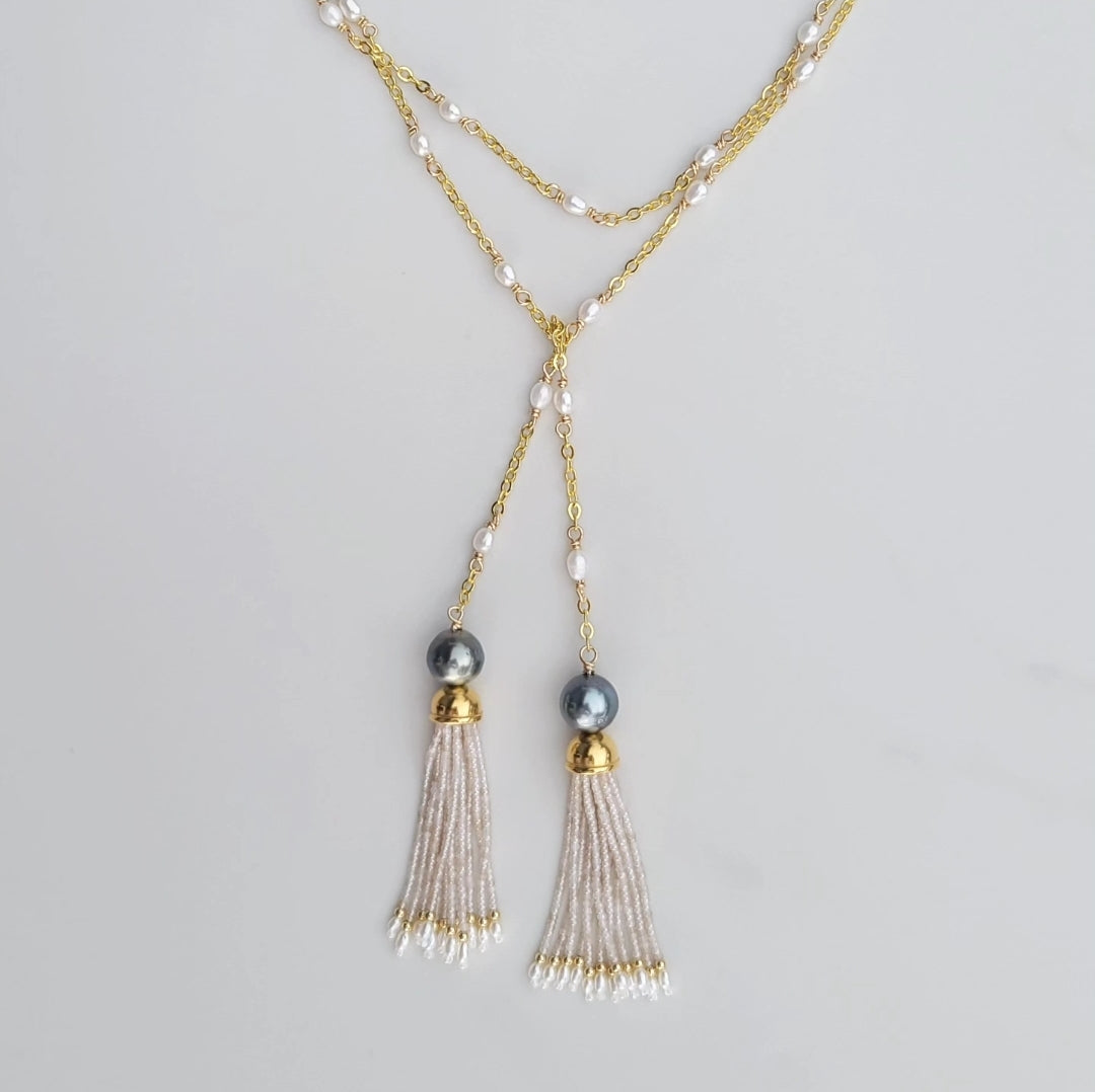 Vintage Shell Pink Tassel and Pearl Earrings