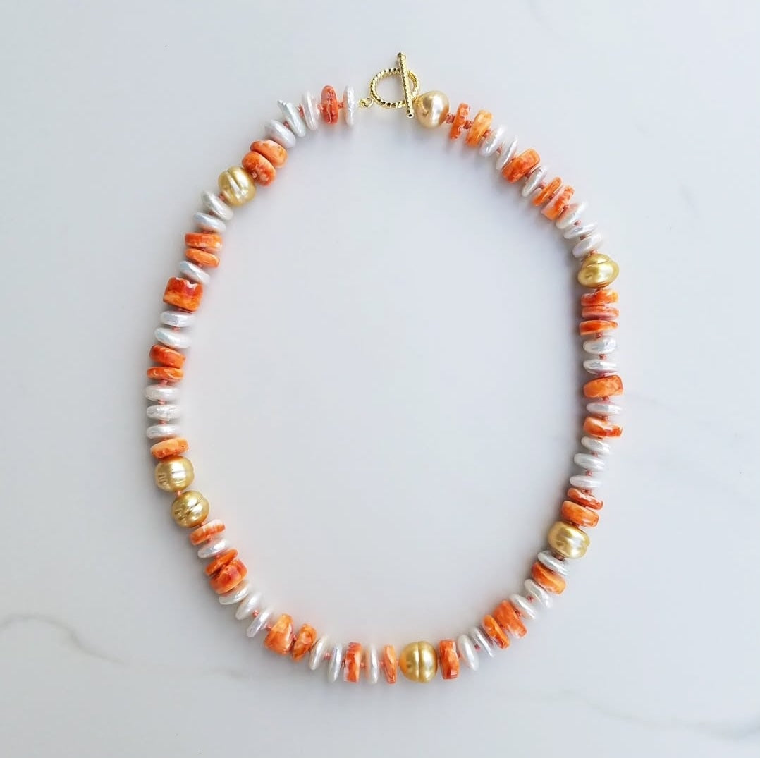 7 Gold South Sea Pearl Necklace with Fresh Water Pearl and Orange Shell