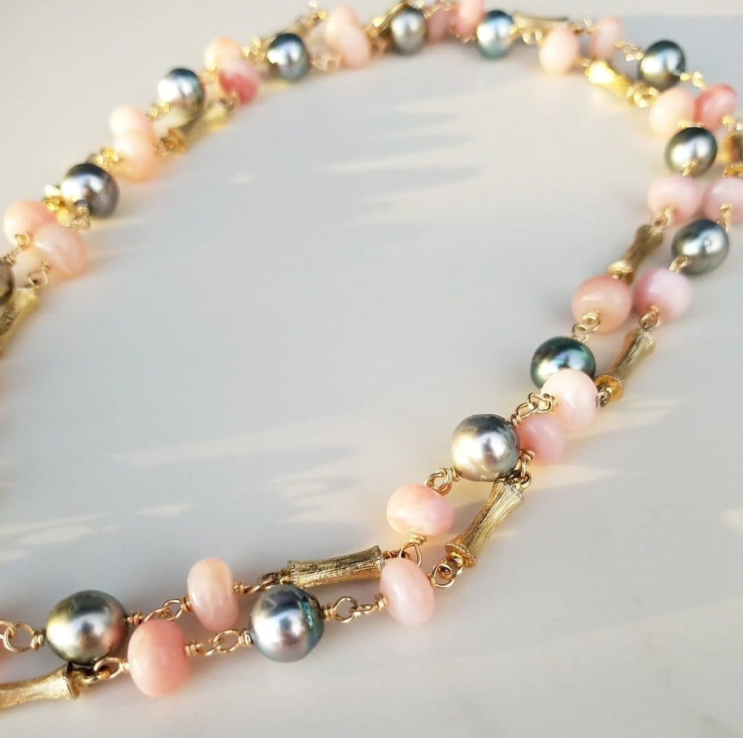 Vintage Bamboo Necklace Tahitian Pearl Pink Opal
