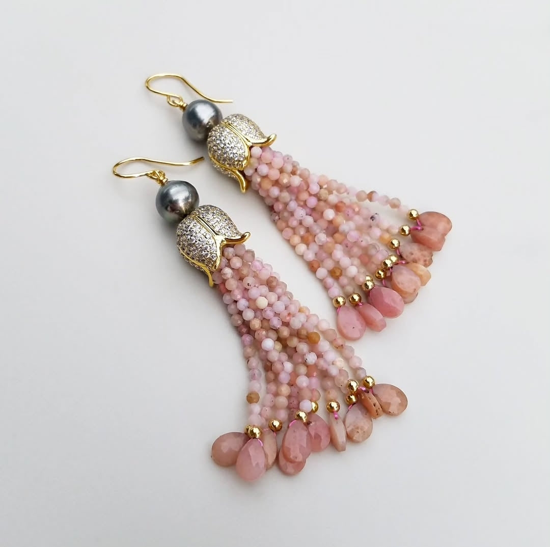 Pink Opal Tahitian Pearl Tassel Earrings