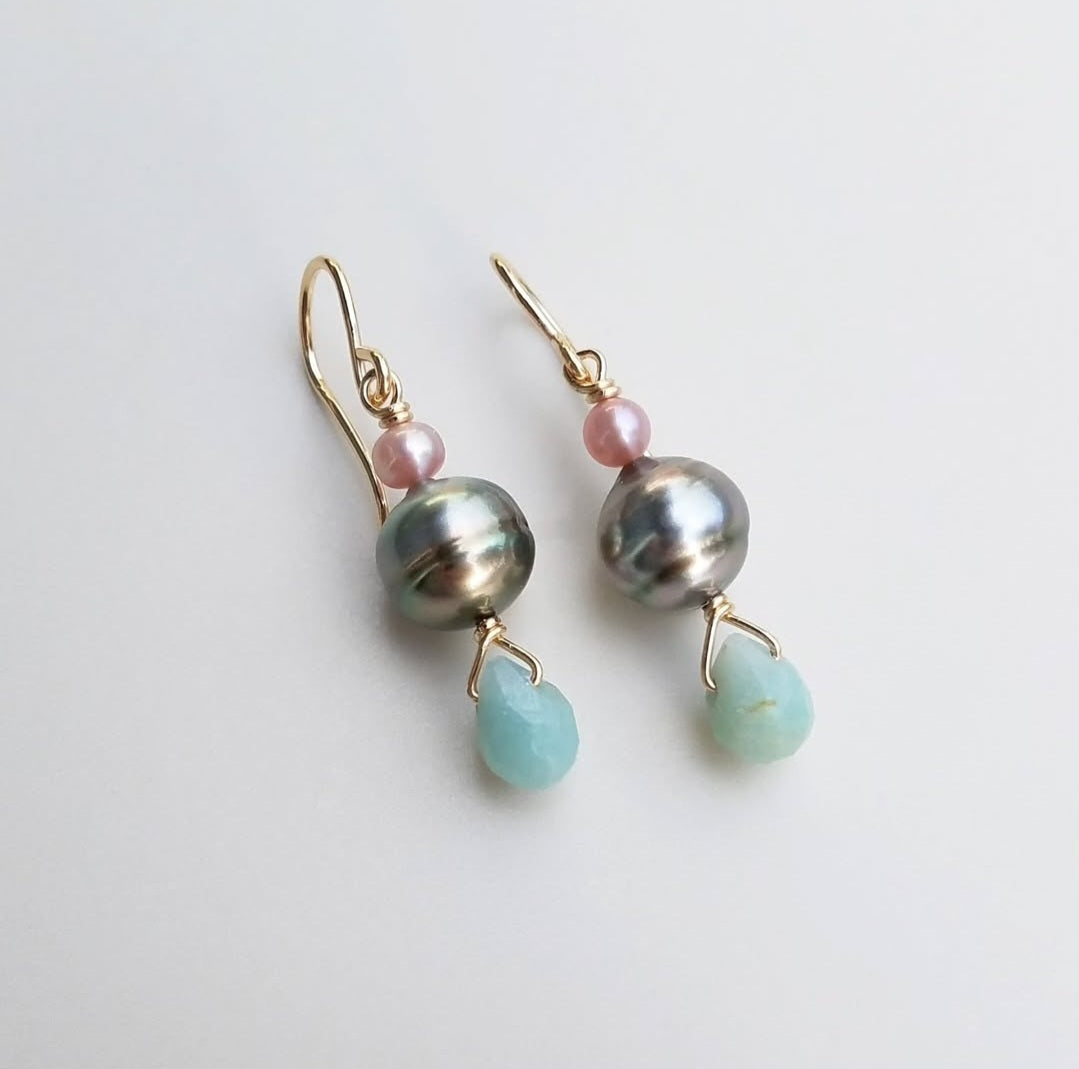 Tahitian & Fresh Water Pearl Amazonite Drop Earrings