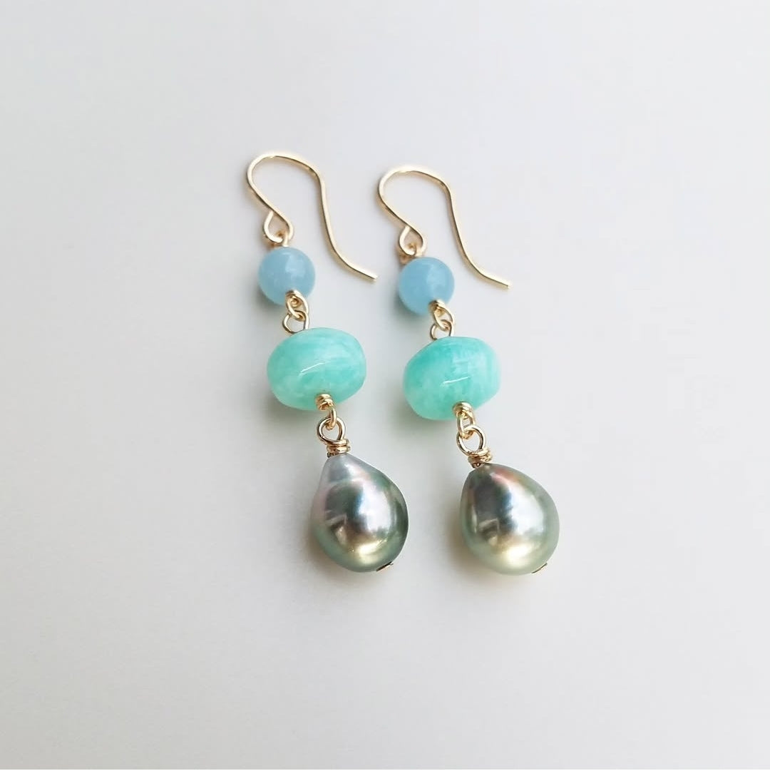 Aquamarine, Amazonite, & Tahitian Pearl Earrings