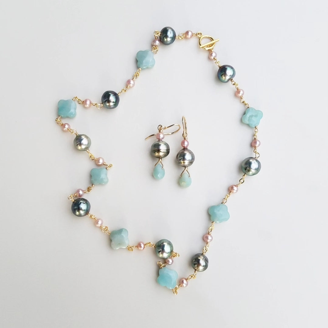 Tahitian Pearl & Amazonite Clover Necklace