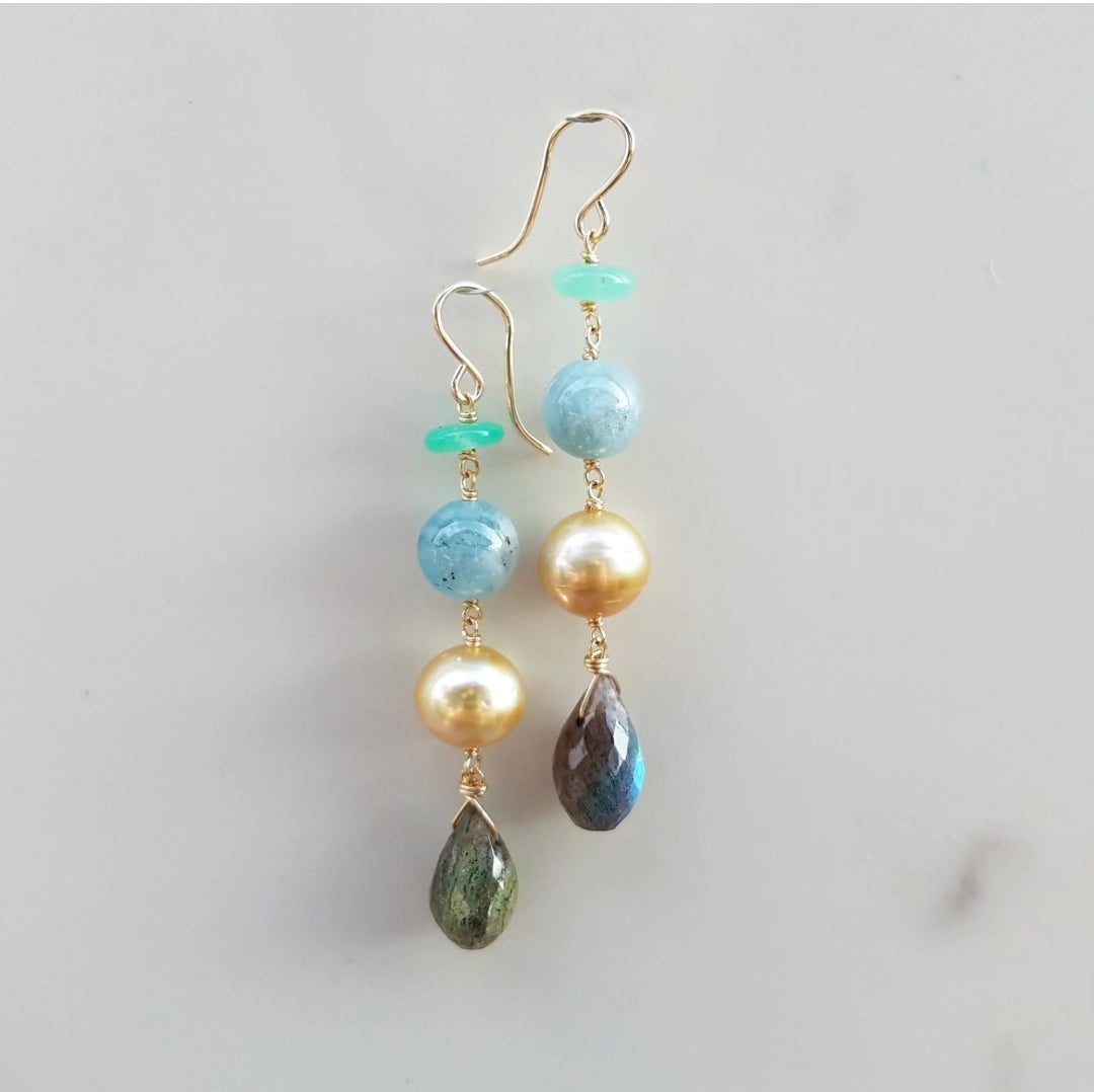 Chrysoprase, Aquamarine, Gold Pearl, and Labradorite Earrings