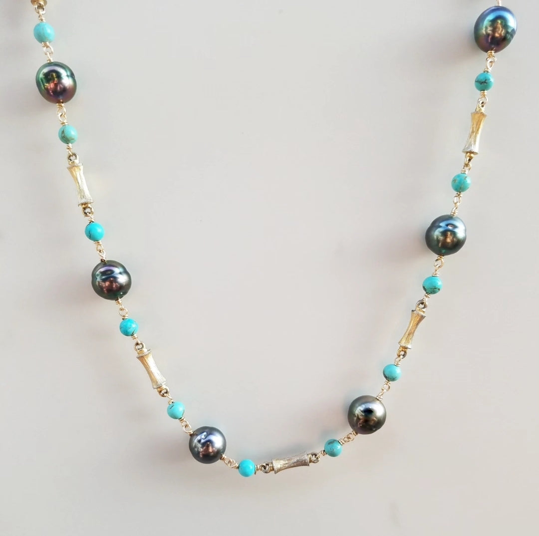 Tahitian Pearl Turquoise Vintage Bamboo Necklace