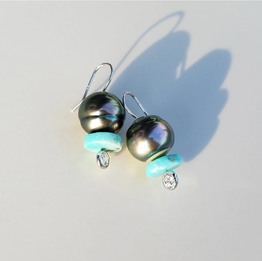 Dark Tahitian Pearl Earrings with Turquoise