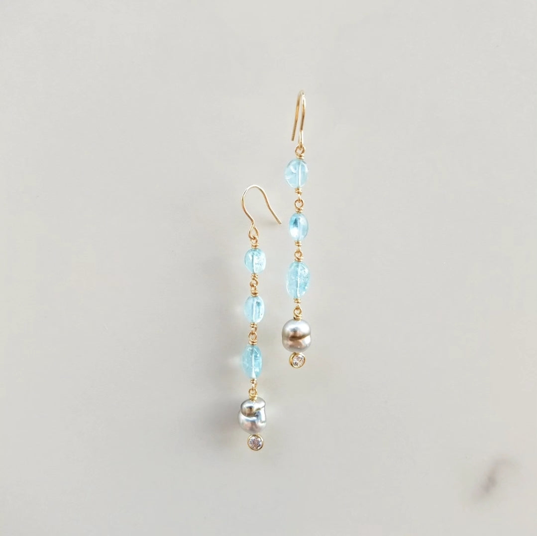 Aquamarine and Tahitian Keshi Pearl Earrings