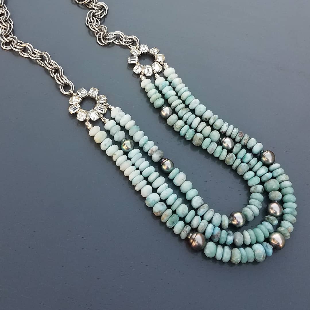 Tahitian Pearl & Larimar Vintage Necklace