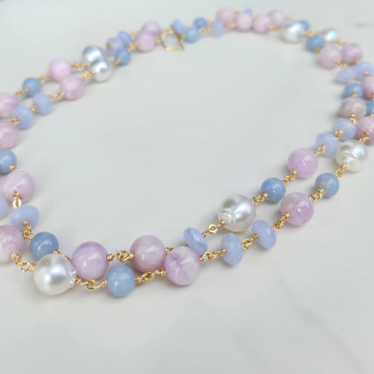 Australian Pearl, Blue Lace Agate, & Kunzite Necklace