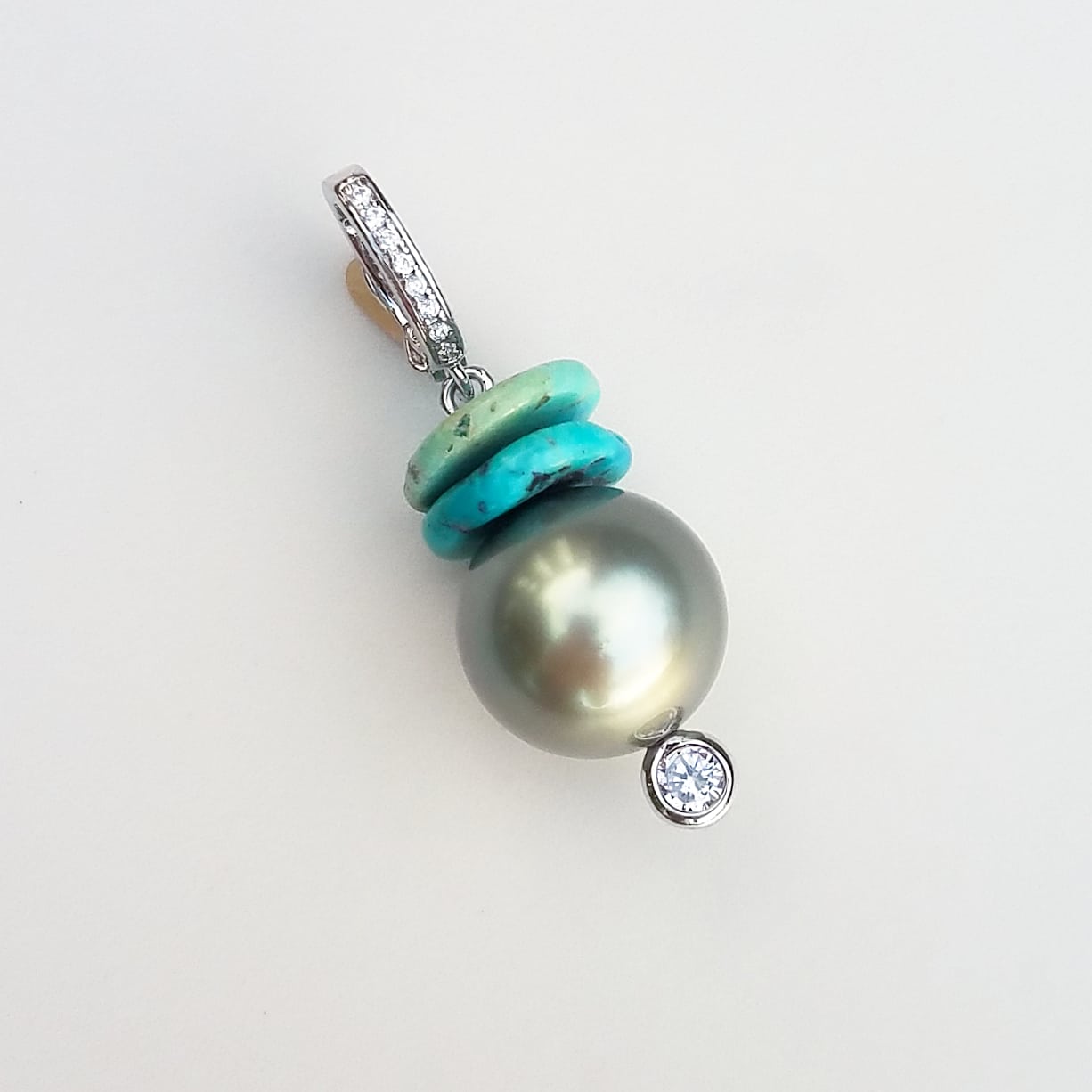 Green Tahitian Pearl & Turquoise Charm