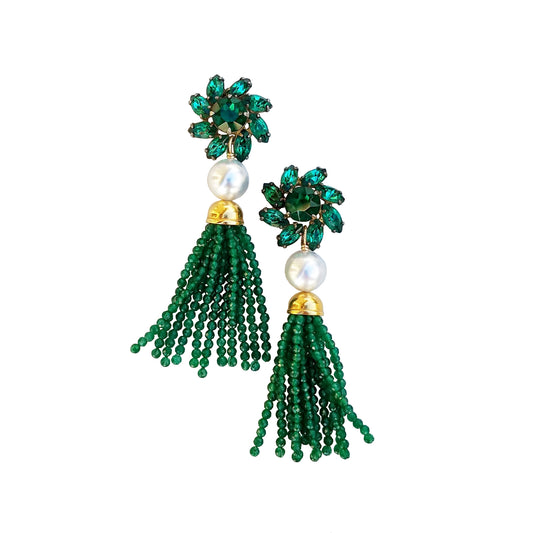 Green Rhinestone & Onyx Tassel Earrings