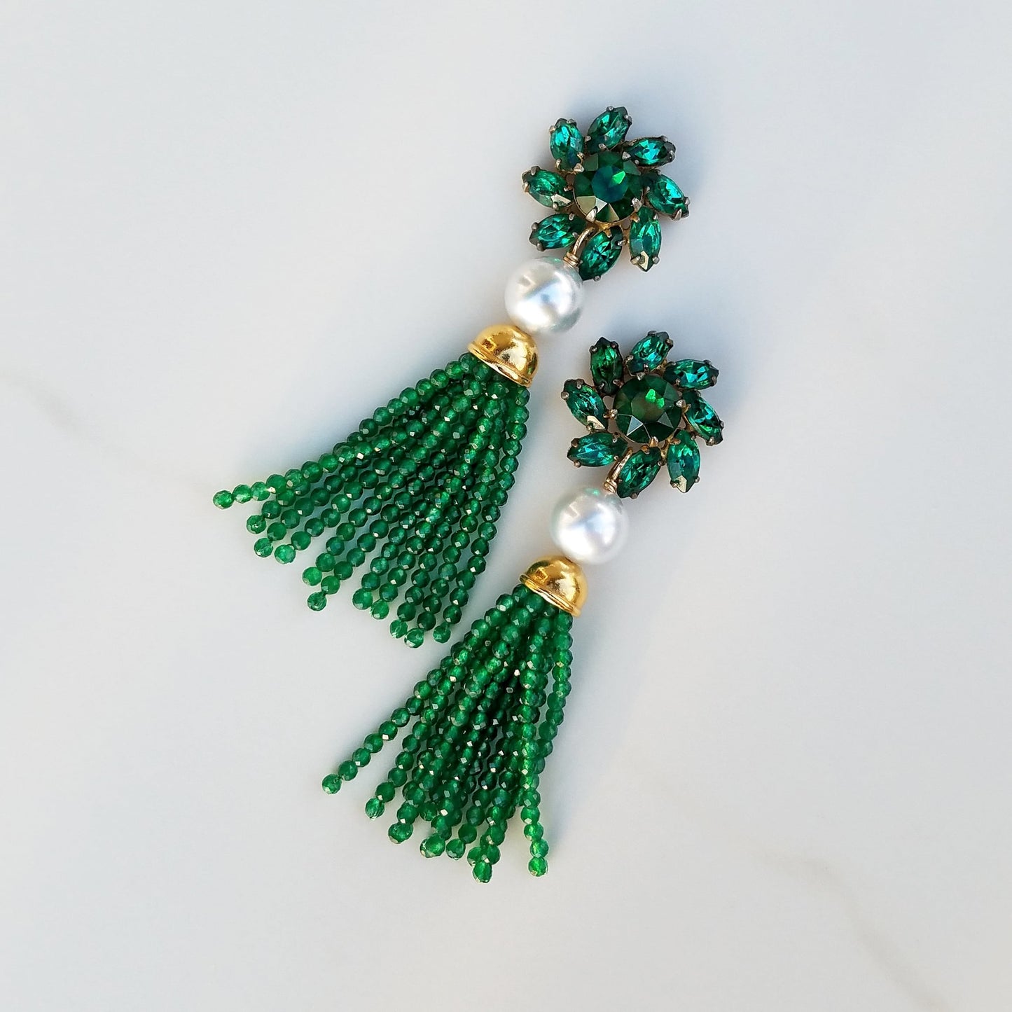 Green Rhinestone & Onyx Tassel Earrings