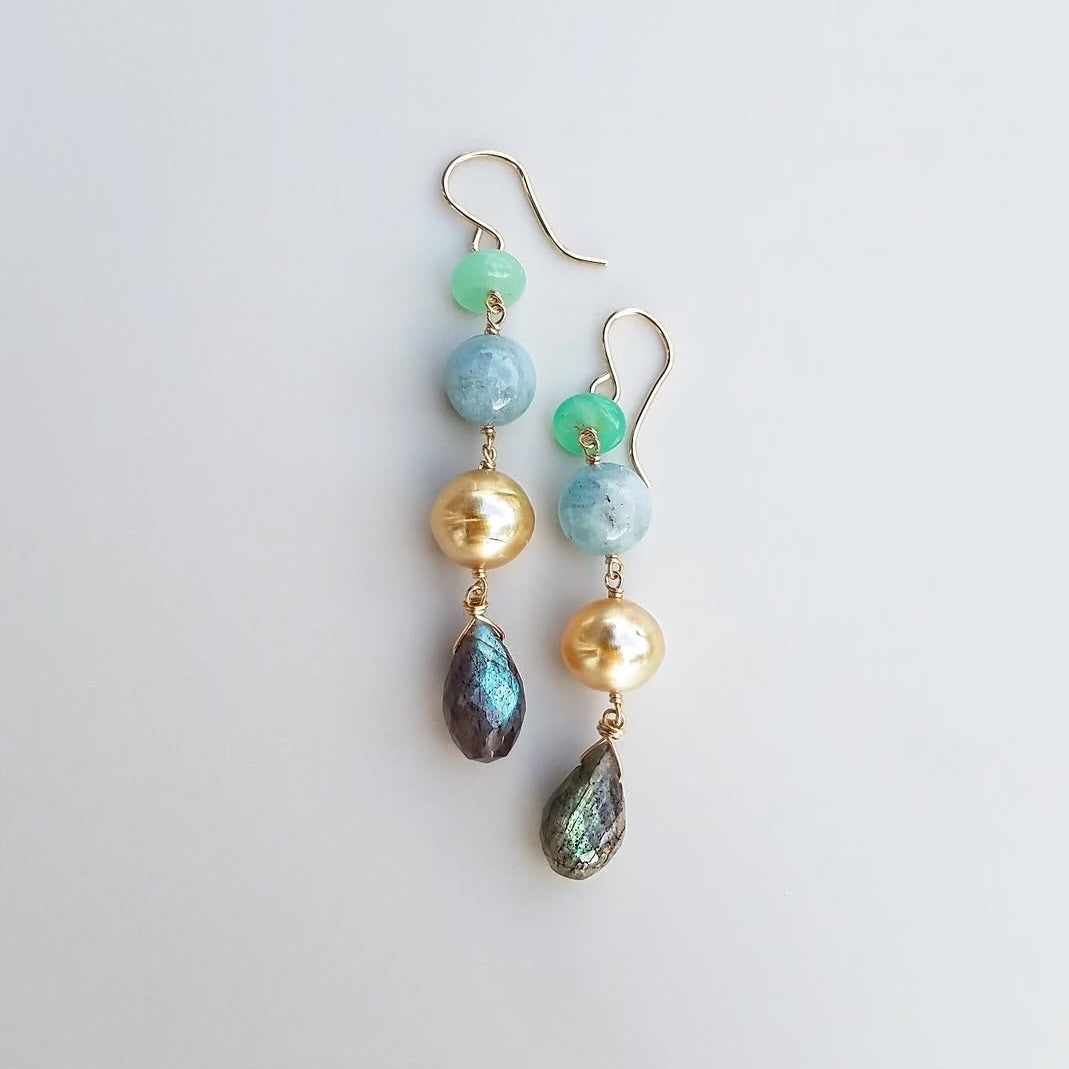 Chrysoprase, Aquamarine, Gold Pearl, and Labradorite Earrings