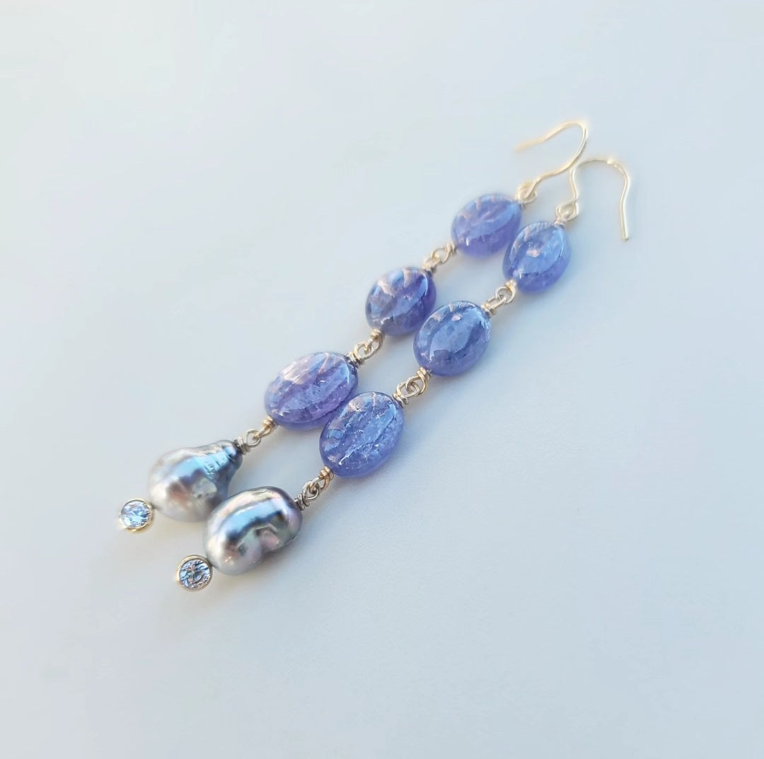 Tanzanite and Tahitian Keshi Pearl Earrings