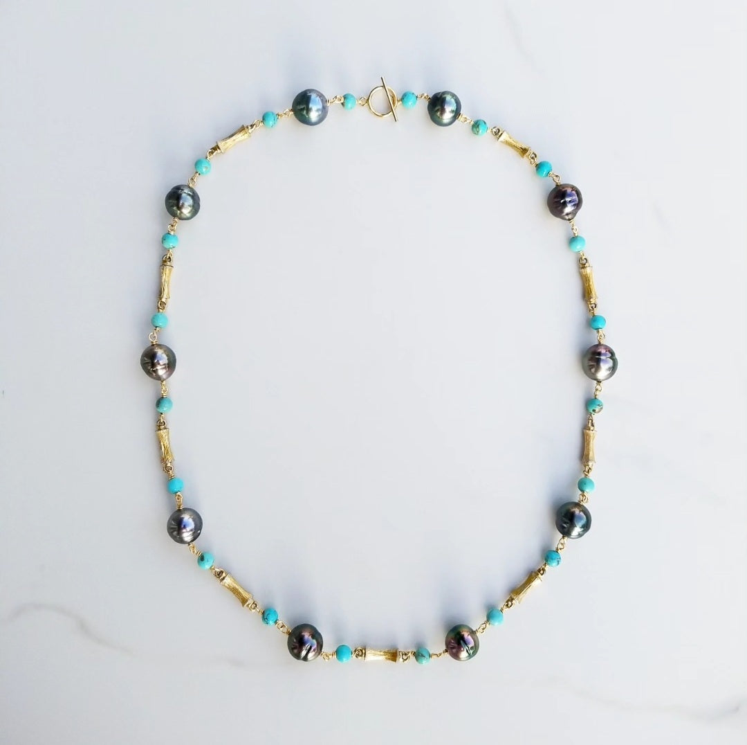 Tahitian Pearl Turquoise Vintage Bamboo Necklace