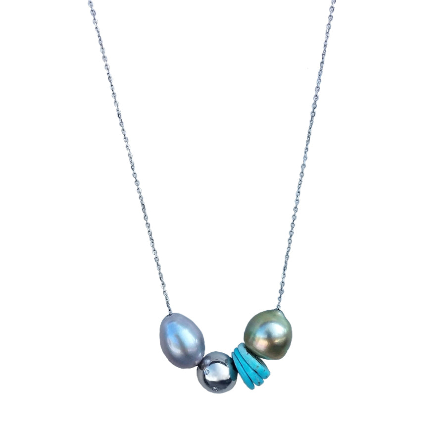 Multi Pearl, Turquoise, & Diamond 14k White Gold Necklace