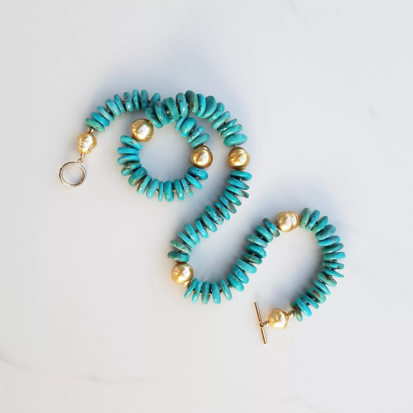Gold Pearl & Turquoise Helix Necklace with Clasp