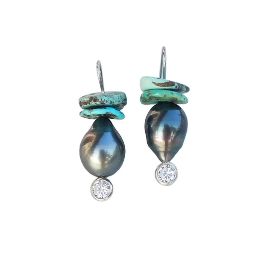 Dark Tahitian Pearls & Turquoise Earrings