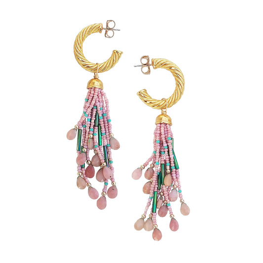 Vintage Hoop Pink Opal Tassel Earrings