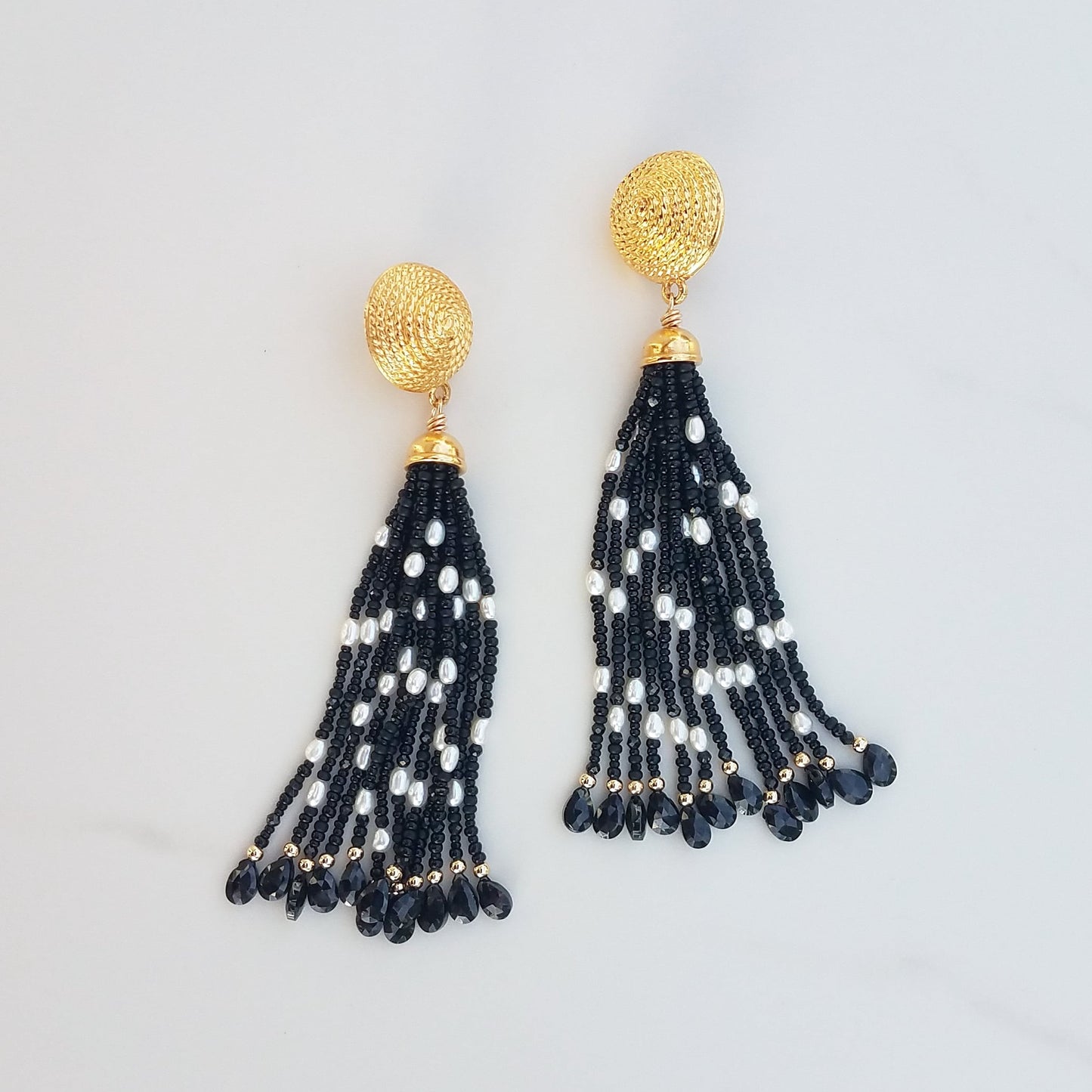 Vintage Black Spinel & Pearl Tassel Earrings