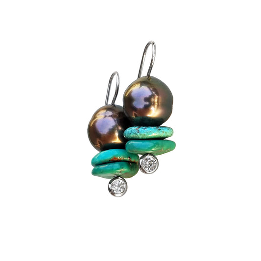 Dark Tahitian Pearls and Turquoise Slice Earrings