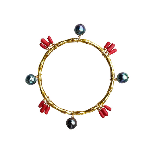 Vintage Bamboo Bangle Tahitian Pearl and Coral