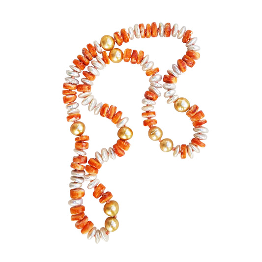 Gold South Sea Pearls, Orange Shell, & Fresh Water Pearls Necklace