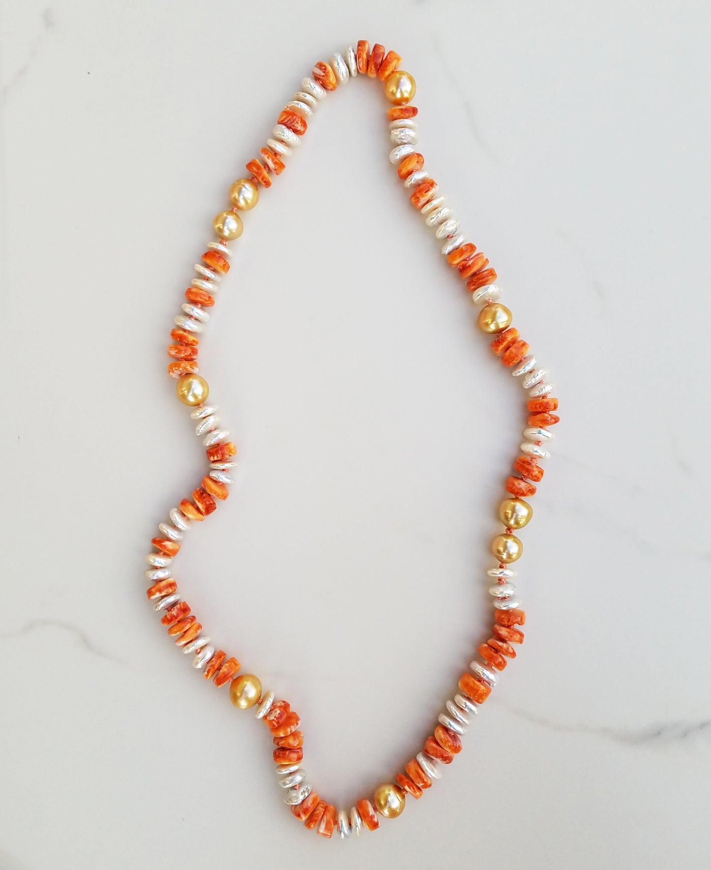 Gold South Sea Pearls, Orange Shell, & Fresh Water Pearls Necklace