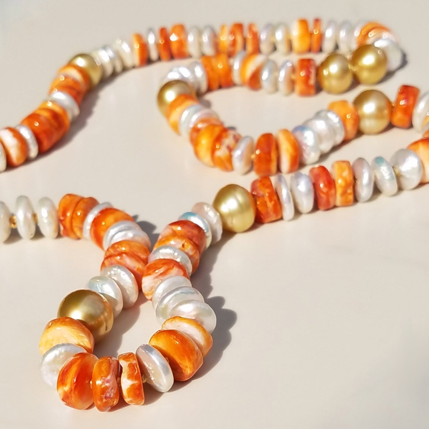 9 Gold Pearl, Fresh Water Pearl, Orange Shell Necklace