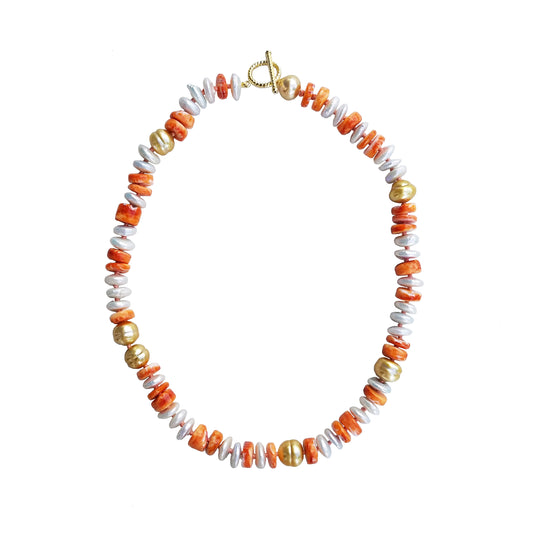 7 Gold South Sea Pearl Necklace with Fresh Water Pearl and Orange Shell