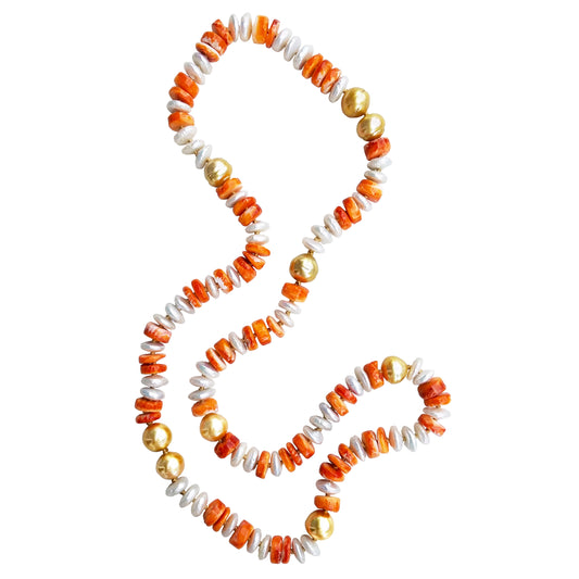 9 Gold Pearl, Fresh Water Pearl, Orange Shell Necklace